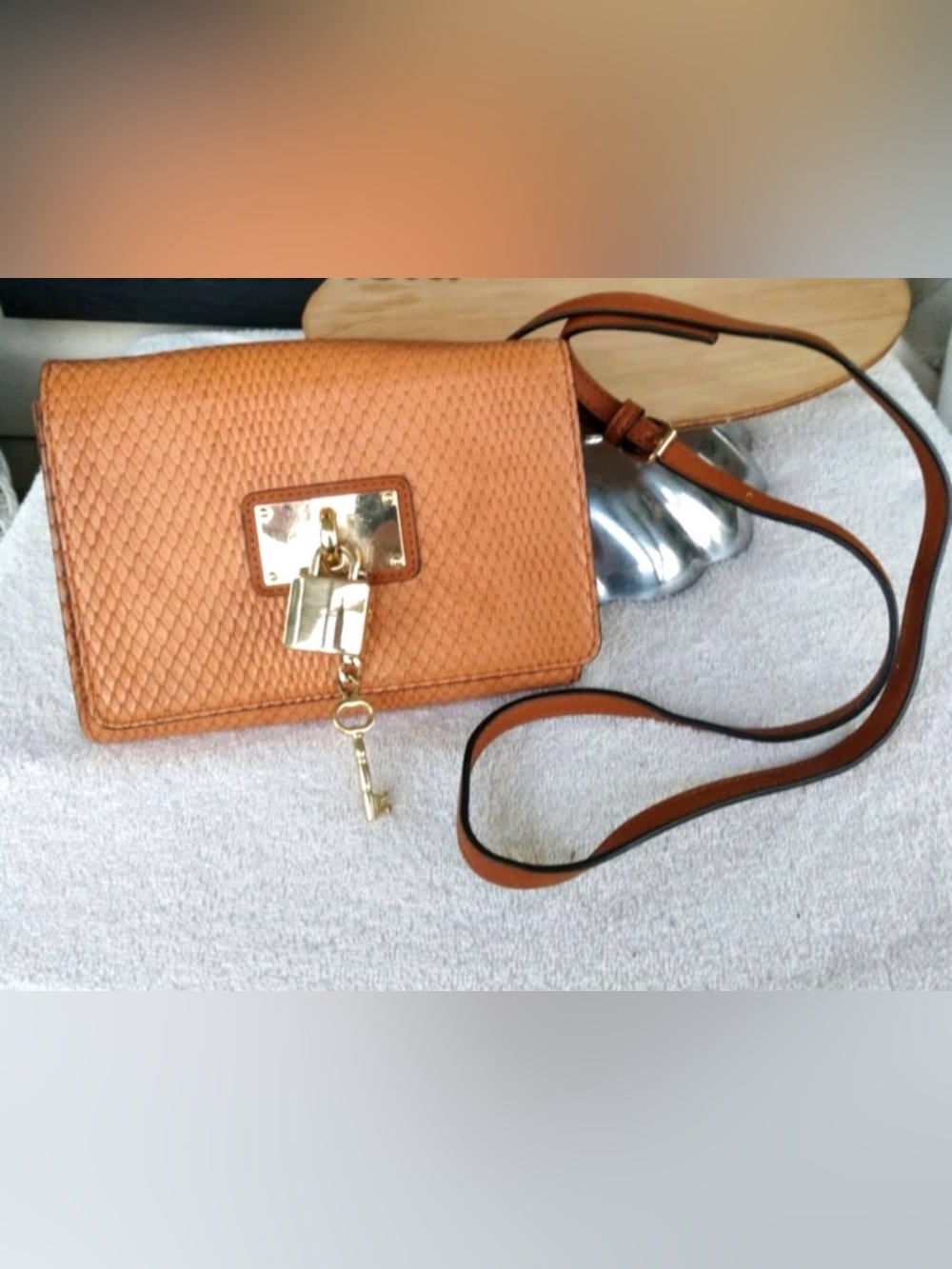 Aldo Cognac Woven-Texture Snakeskin Crossbody with Gold Lock